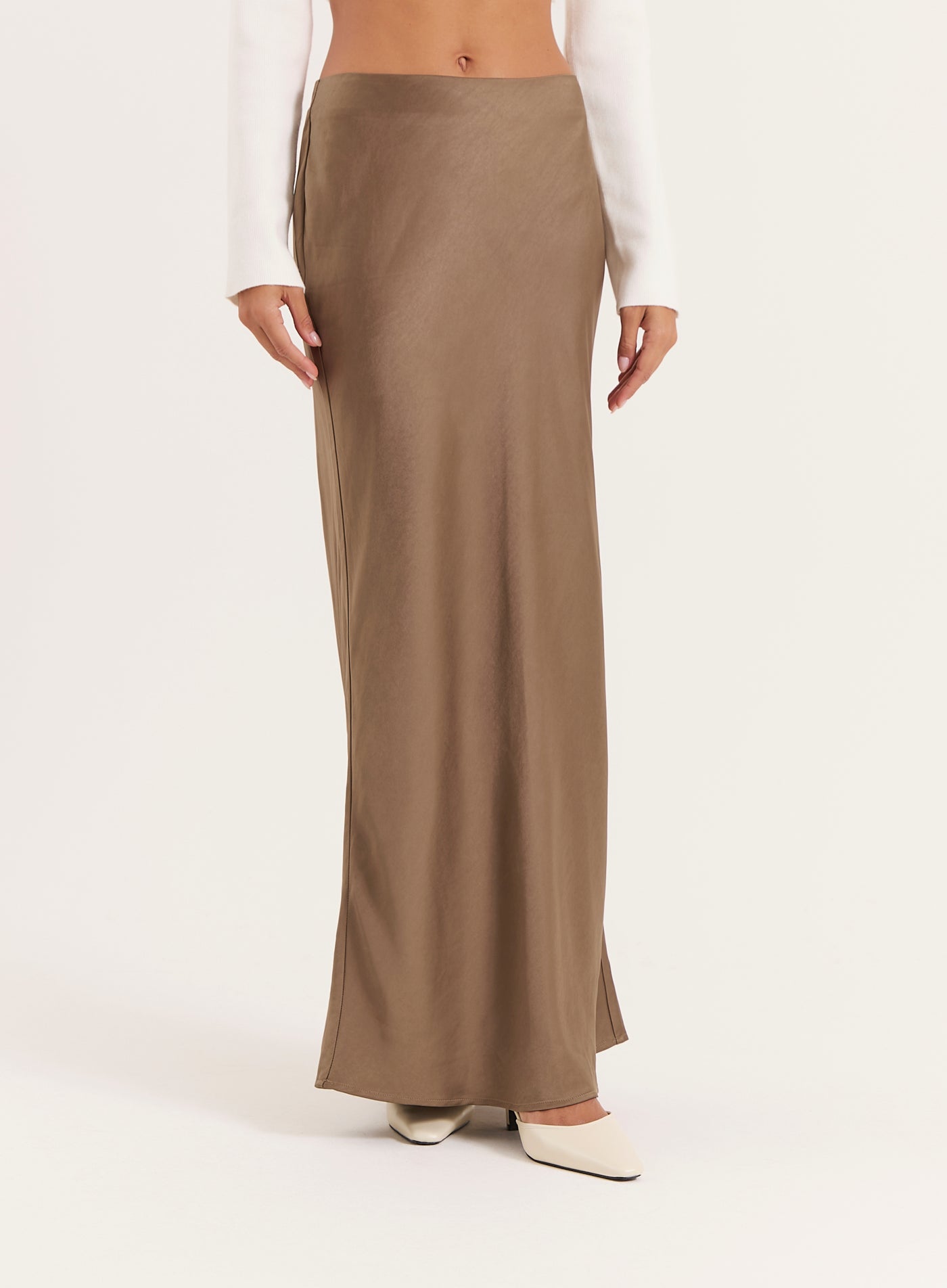 Khaki Satin Maxi Skirt